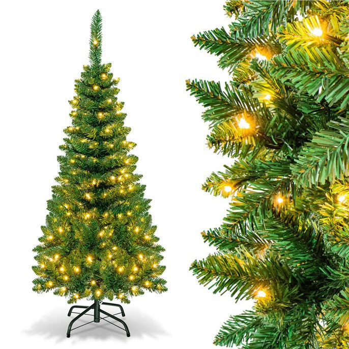 4.5 ft Snow Flocked Pencil Christmas Tree, Pre-Lit Slim Xmas Tree with 226 Branch Tips