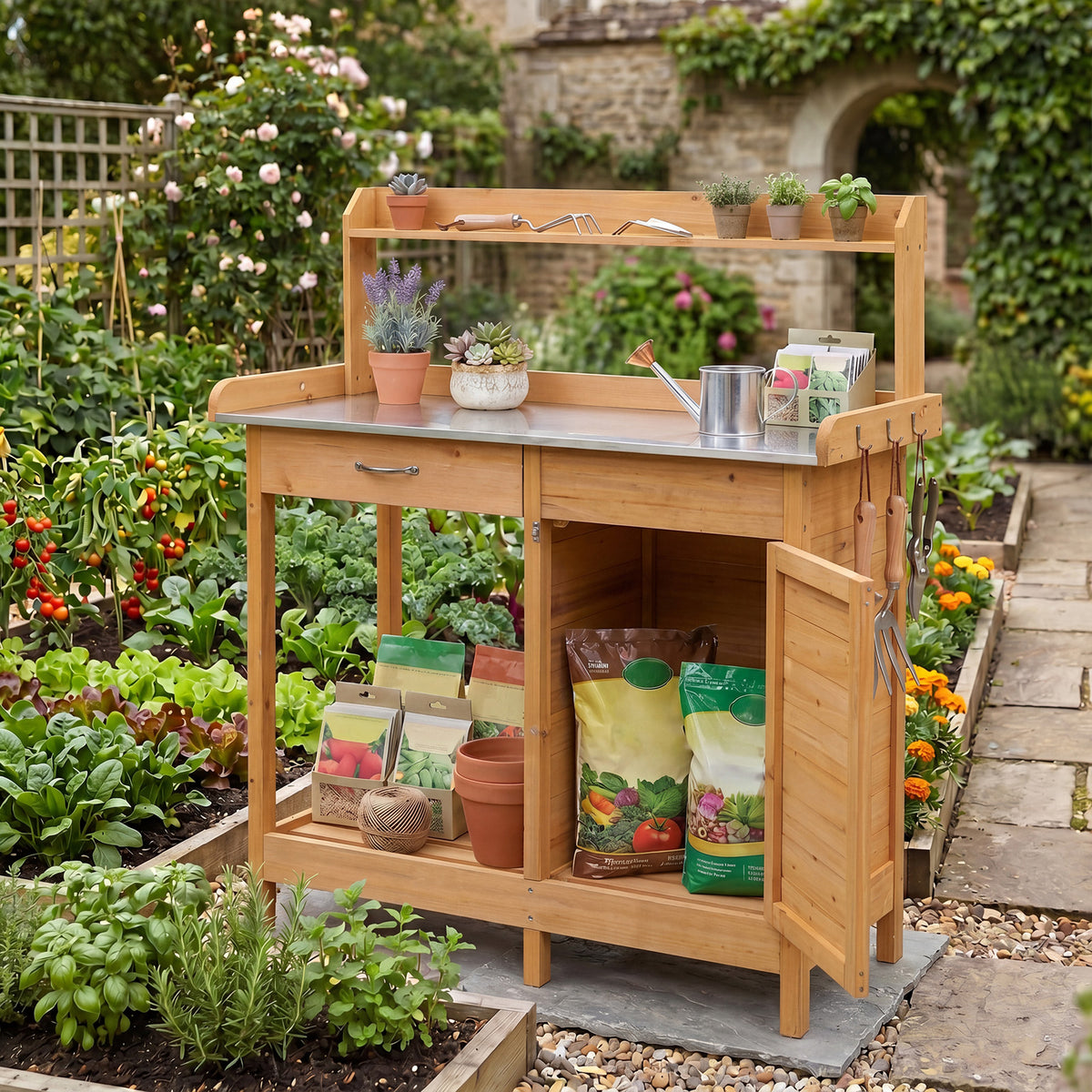 Wooden Potting Bench Table, Outdoor Garden Planting Table with Cabinet Drawer
