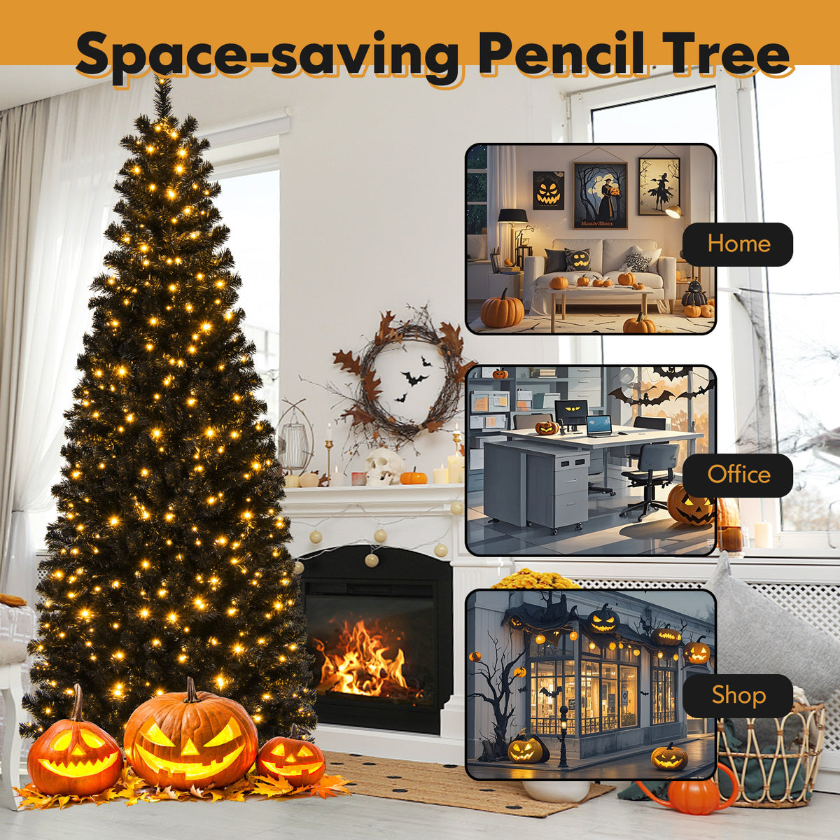6FT Prelit Pencil Black Christmas Tree, Artificial Slim Xmas Tree with 618 Branch Tips