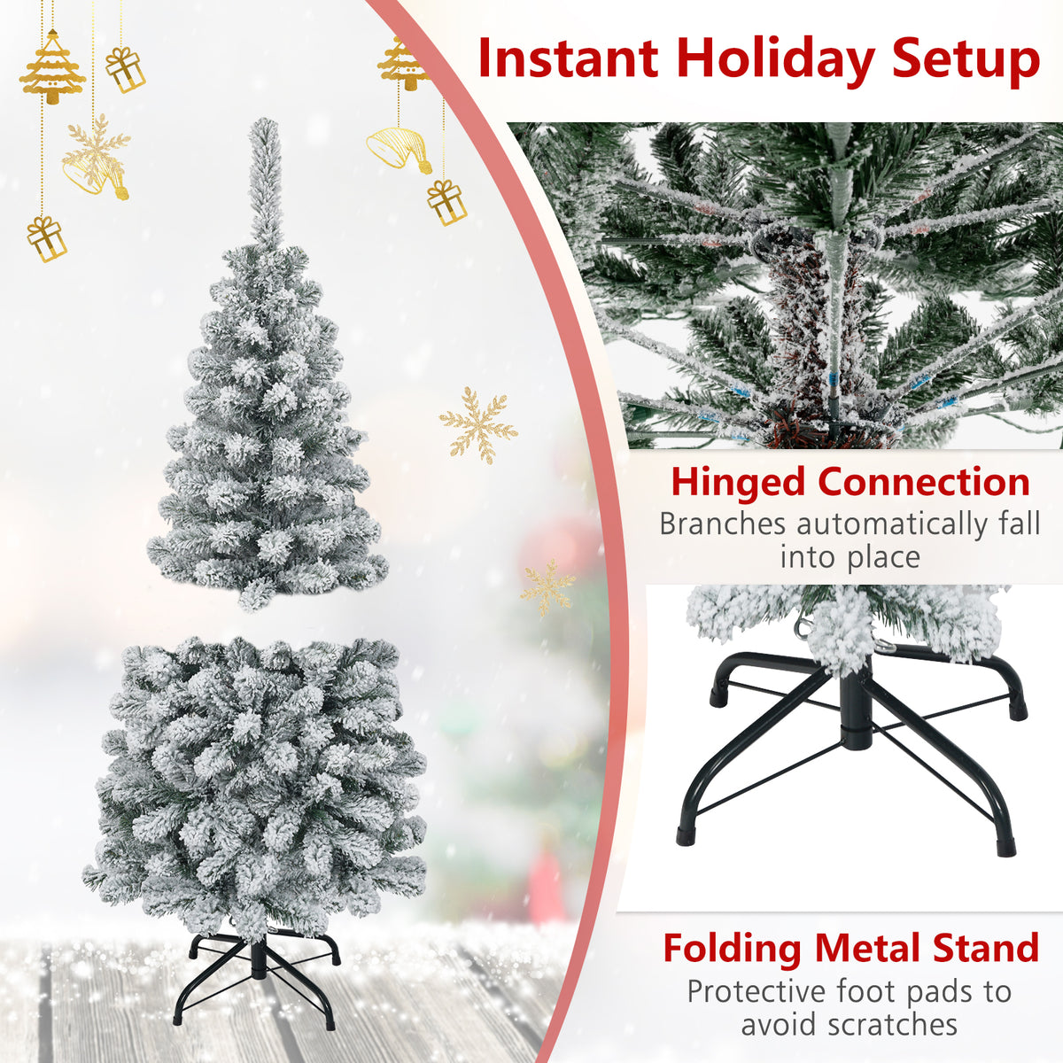 4.5/6/7.5 FT Snow-Flocked Christmas Tree, Artificial Pencil Xmas Tree with 244/502/641 PVC Branch Tips