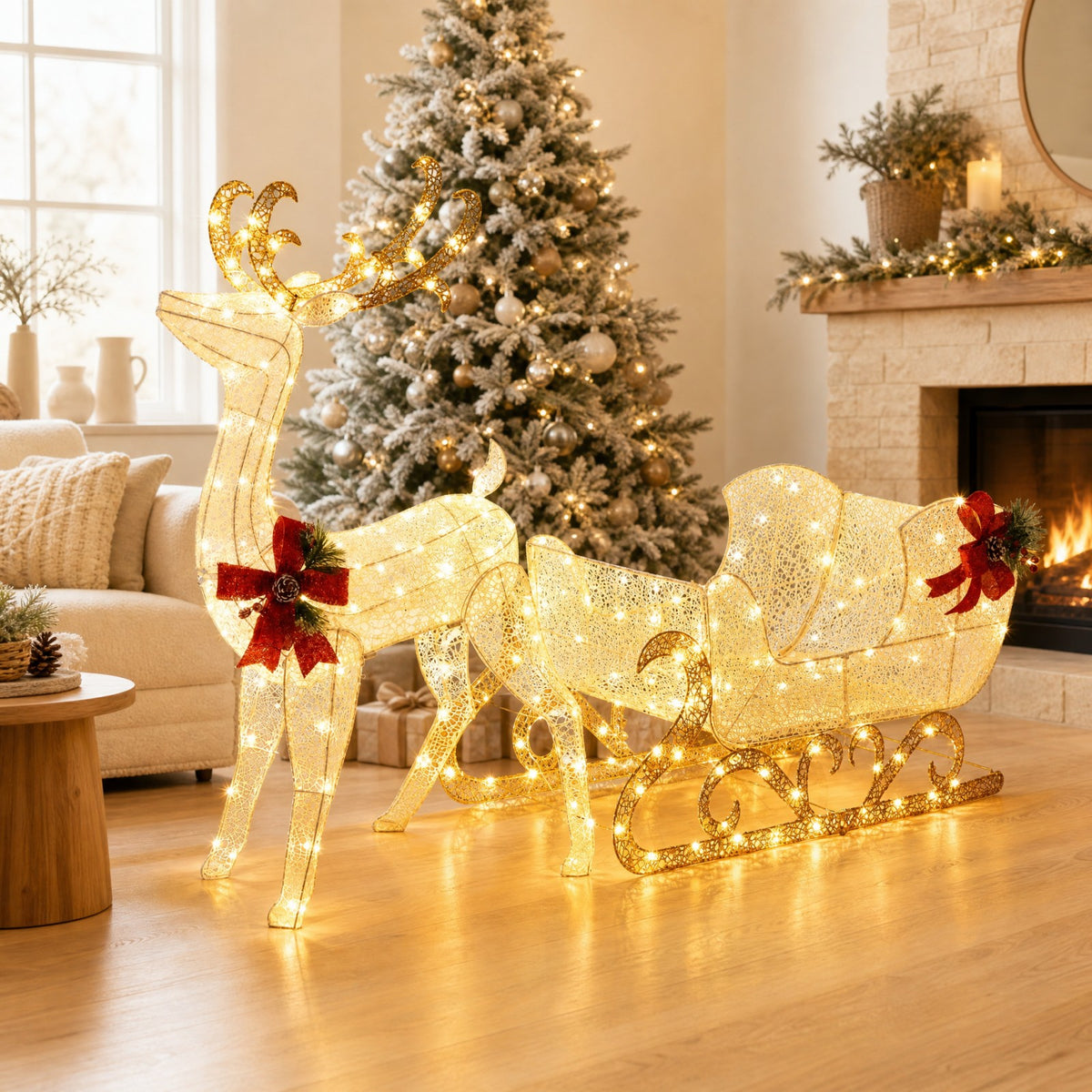 Pre-lit Artificial Christmas Decoration, Lighted Christmas Reindeer and Sleigh with LED Lights
