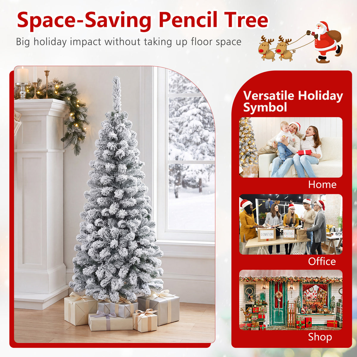 4.5/6/7.5 FT Snow-Flocked Christmas Tree, Artificial Pencil Xmas Tree with 244/502/641 PVC Branch Tips