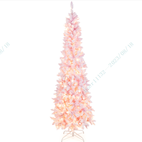 7 FT Slim Pencil Christmas Tree, Hinged Xmas Tree with Flocked Design, 800 PVC Branch Tips