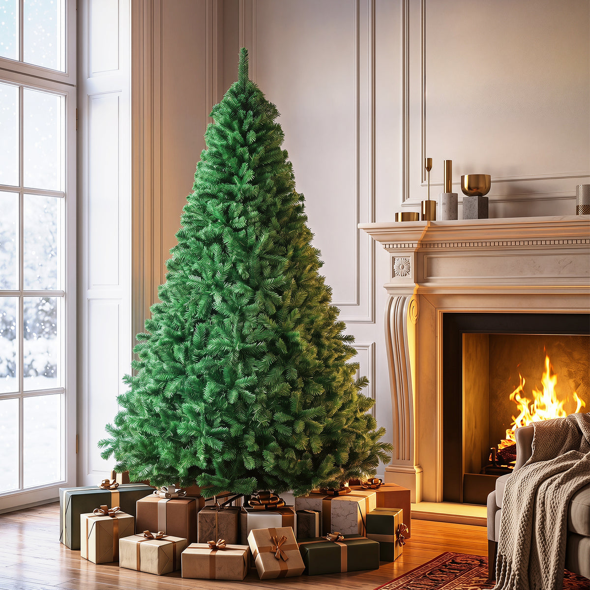 5/6/7/8 FT Artificial Christmas Tree, Unlit Full Xmas Pine Tree with 350/650/950/1138 Branch Tips & Folding Metal Stand