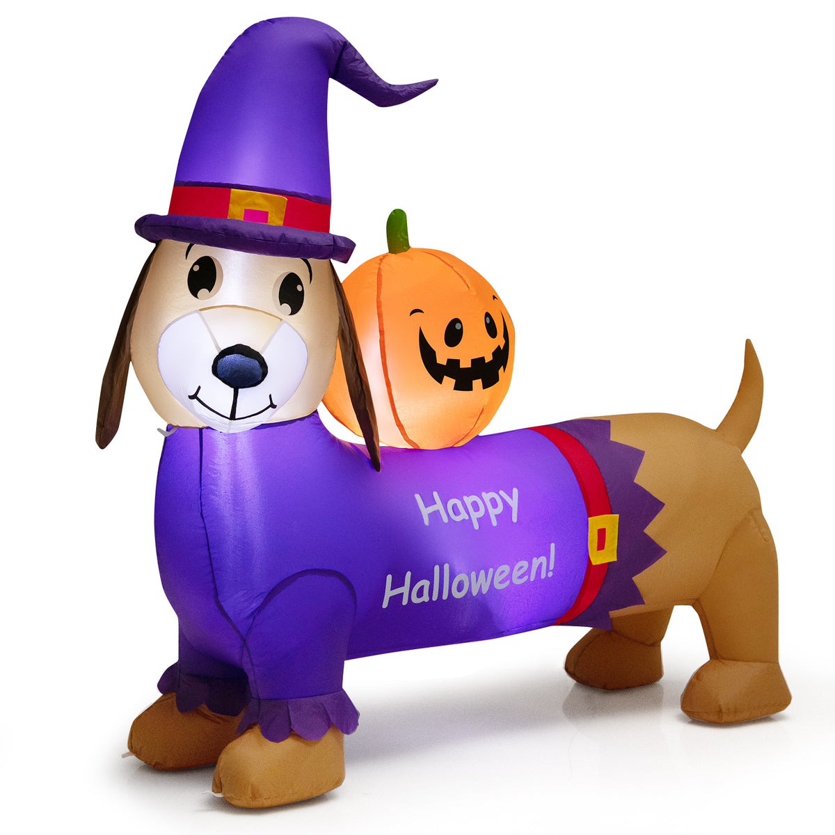 5FT Long Halloween Inflatable Dachshund, Blow Up Wiener Dog with Pumpkin & Witch Hat