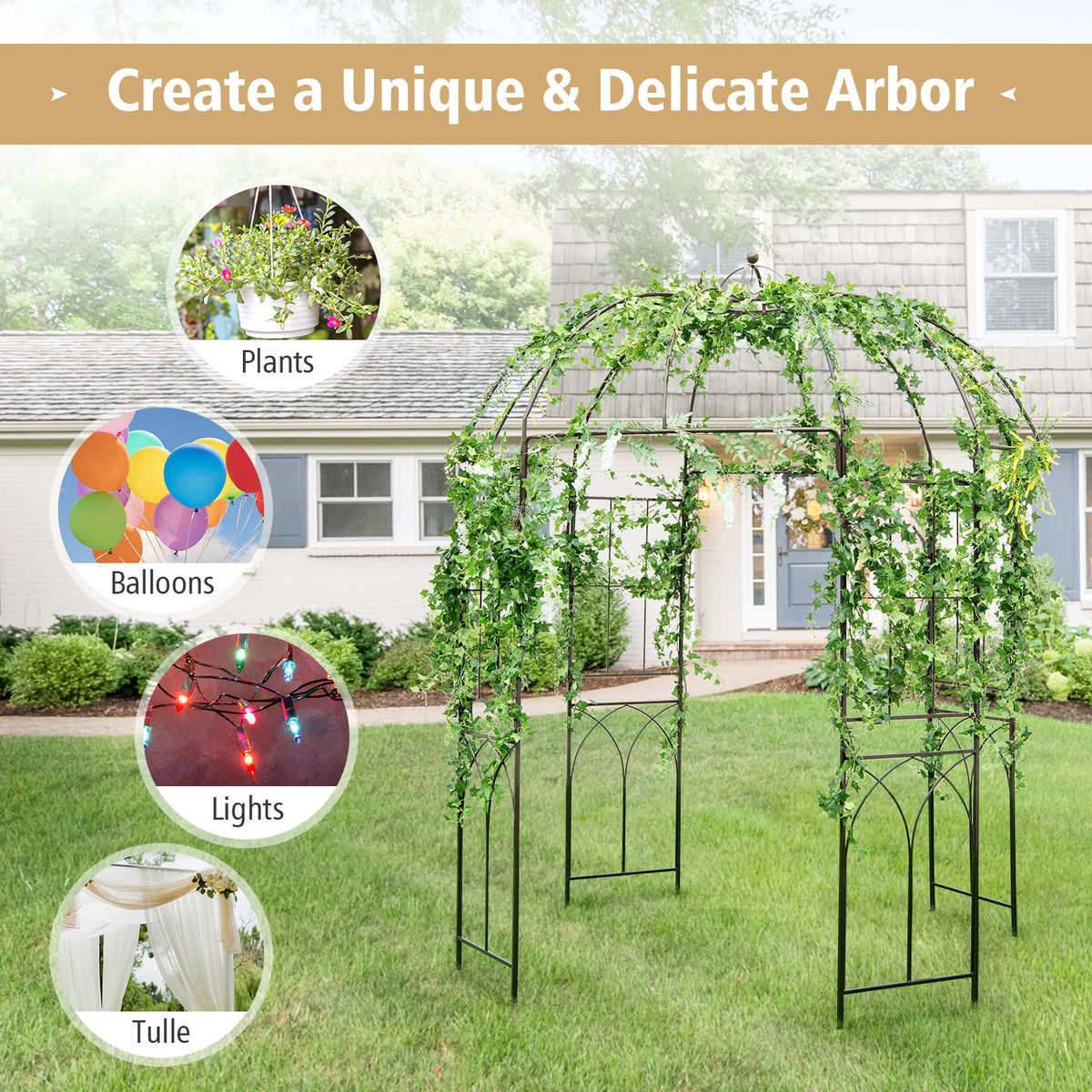 French Style Birdcage Garden Arbor, Heavy-Duty Metal Pergola Pavilion for Climbing Plants