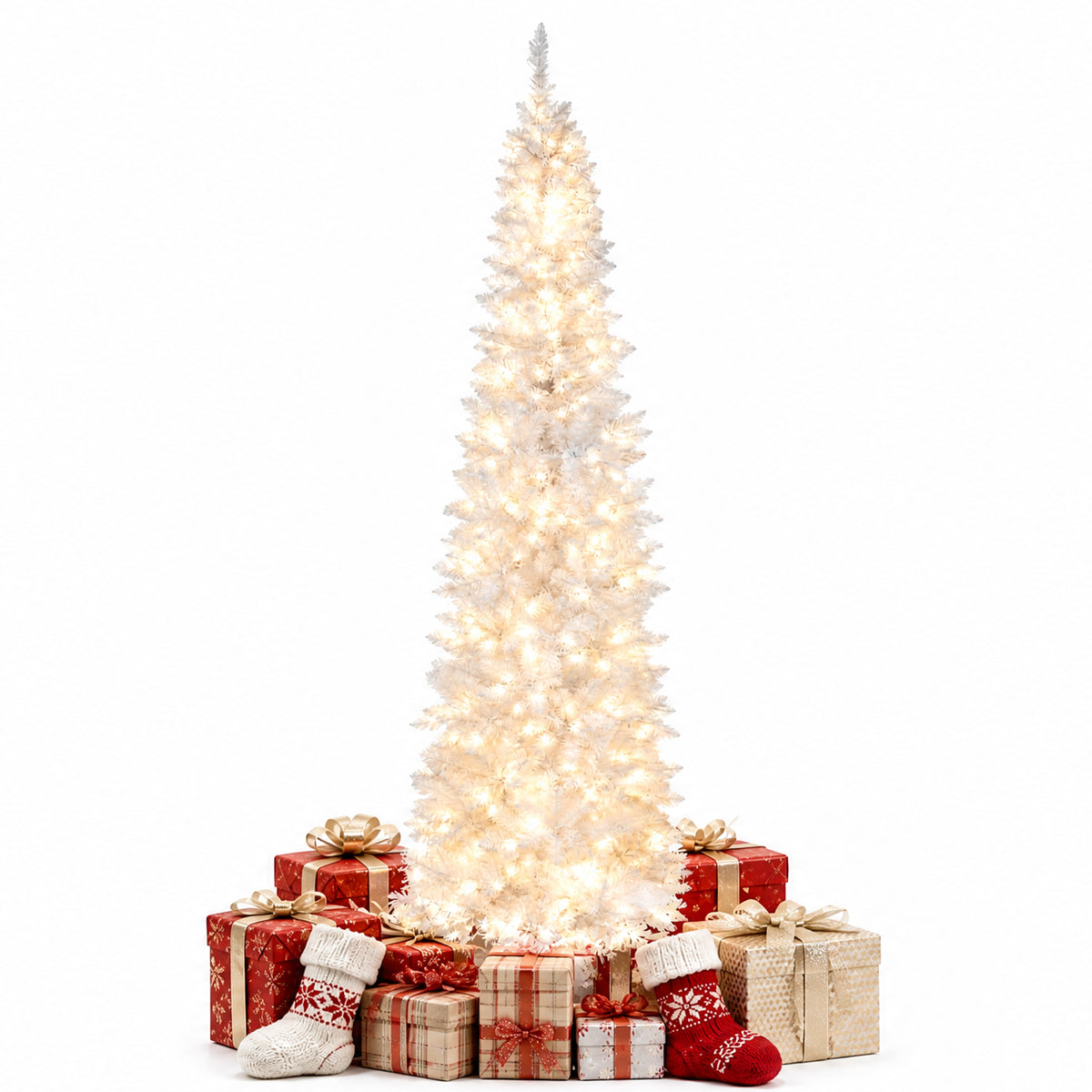 7 FT Christmas Pencil Tree, Hinged Holiday Tree with 300 Warm White LED Lights