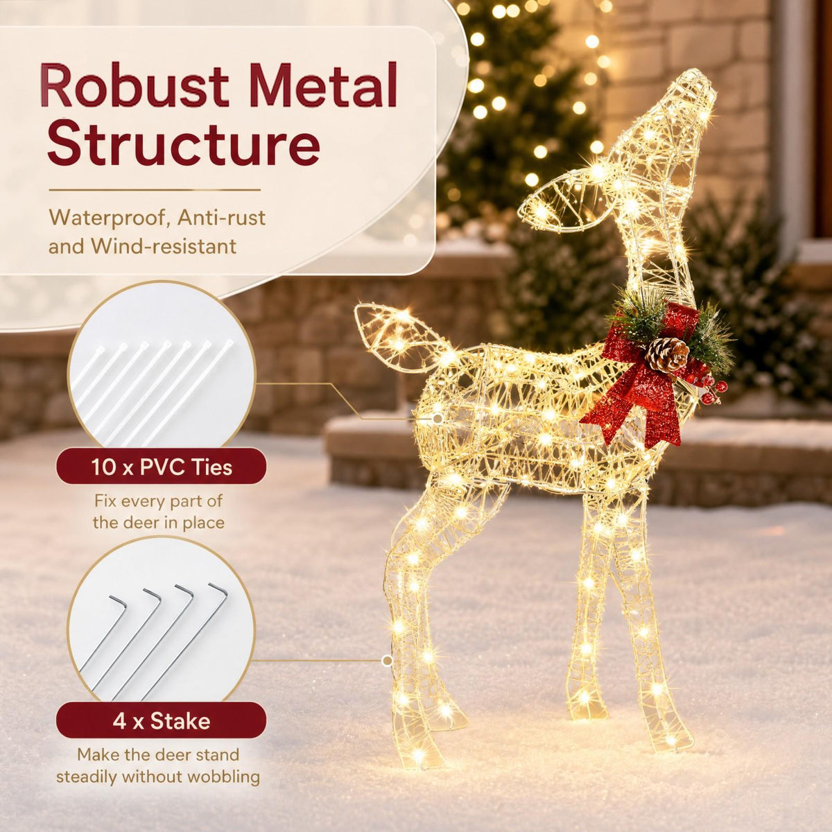 Lighted Christmas Reindeer Decoration, Small Holiday Deer Figure with 50 LED Lights & 4 Stakes