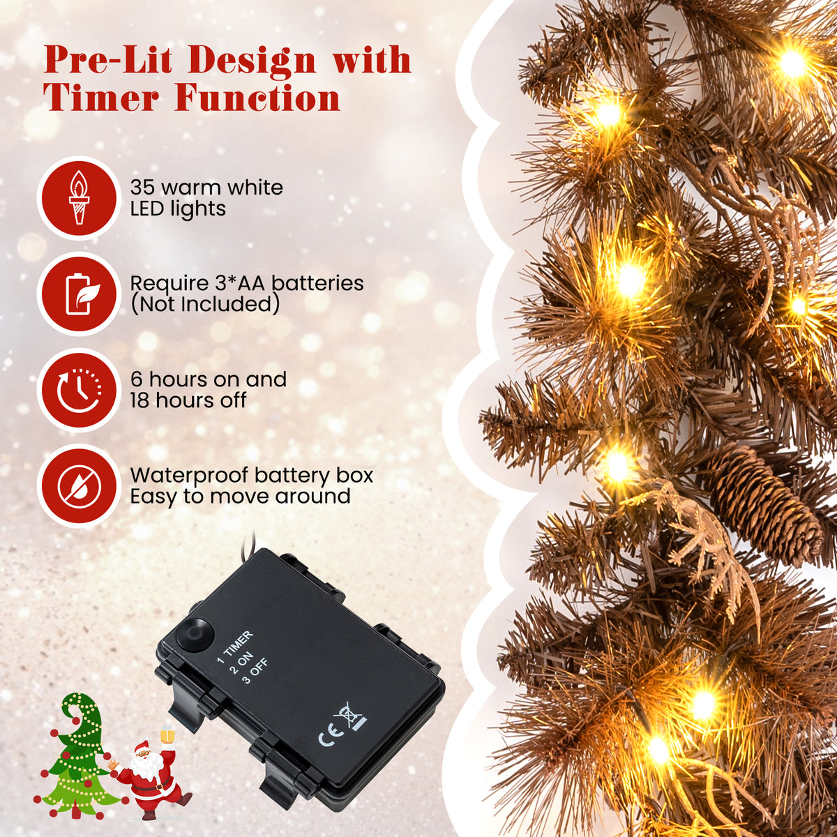 9FT Pre-lit Artificial Christmas Garland, Christmas Garland with 35 Warm White LED Lights