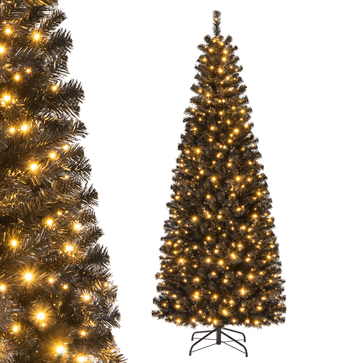 6FT Prelit Pencil Black Christmas Tree, Artificial Slim Xmas Tree with 618 Branch Tips