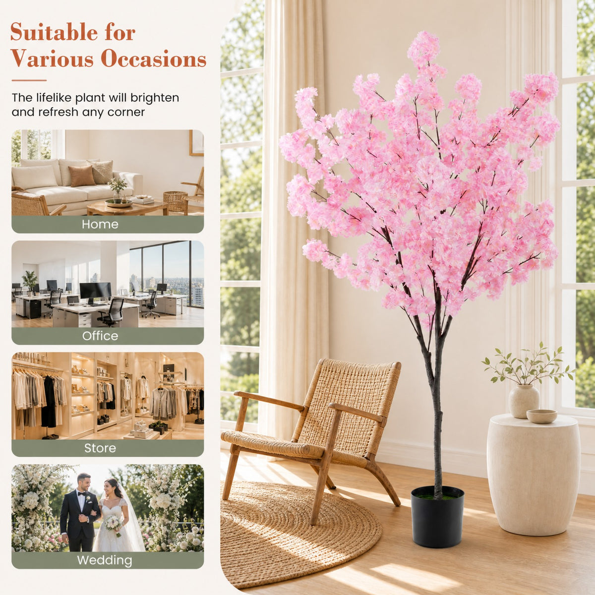 6.5FT Artificial Cherry Blossom Tree, Faux Pink Cherry Plant with Sturdy PE Trunk & Cement-Filled Nursery Pot