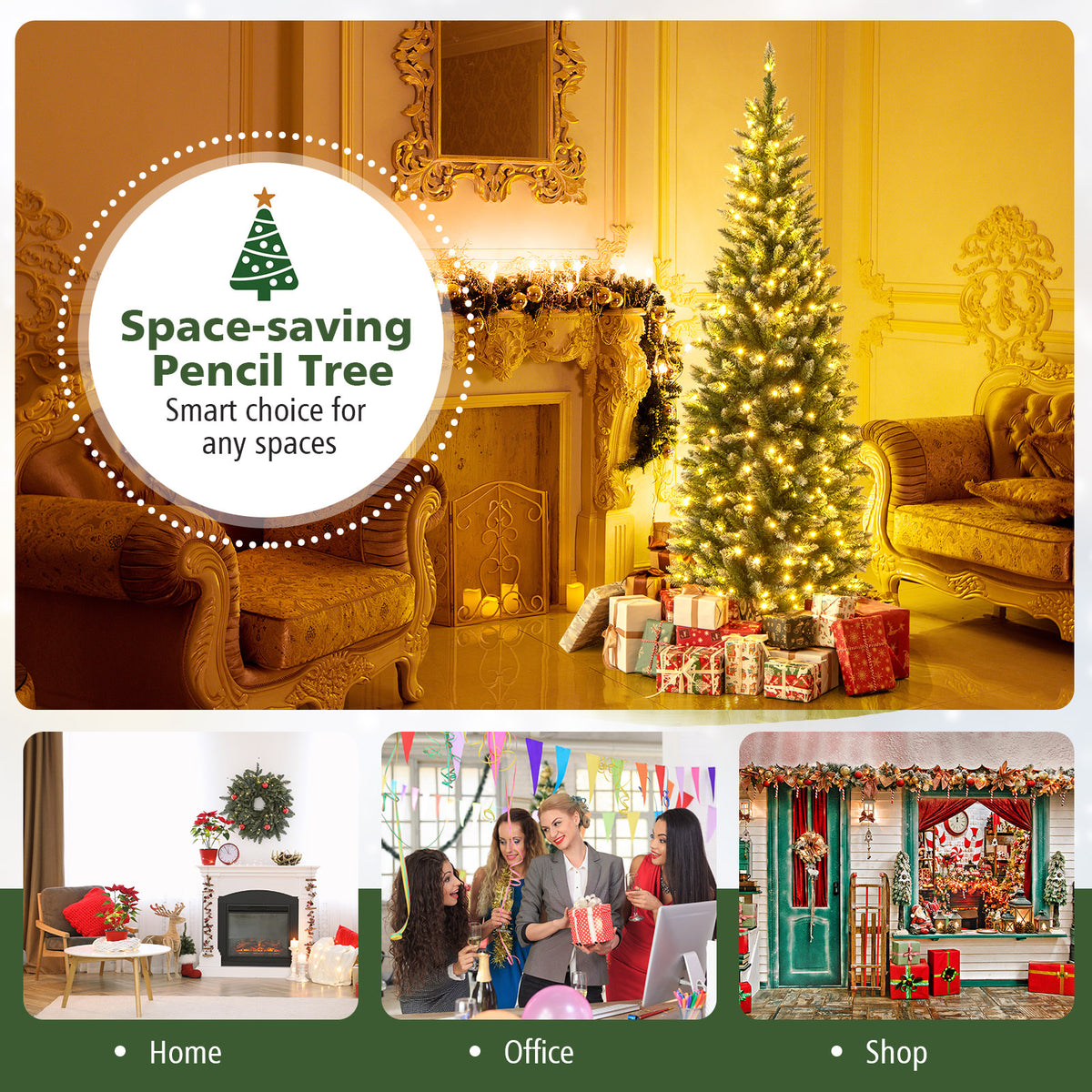 6FT/9FT Pre-Lit Pencil Christmas Tree, Snowy Artificial Christmas Tree with 1298 Branch Tips & 500 LED Lights