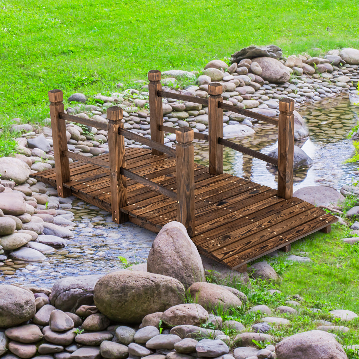 Arched Outdoor Footbridge, 5 FT Fir Wood Garden Crossing with Dual Safety Side Rails