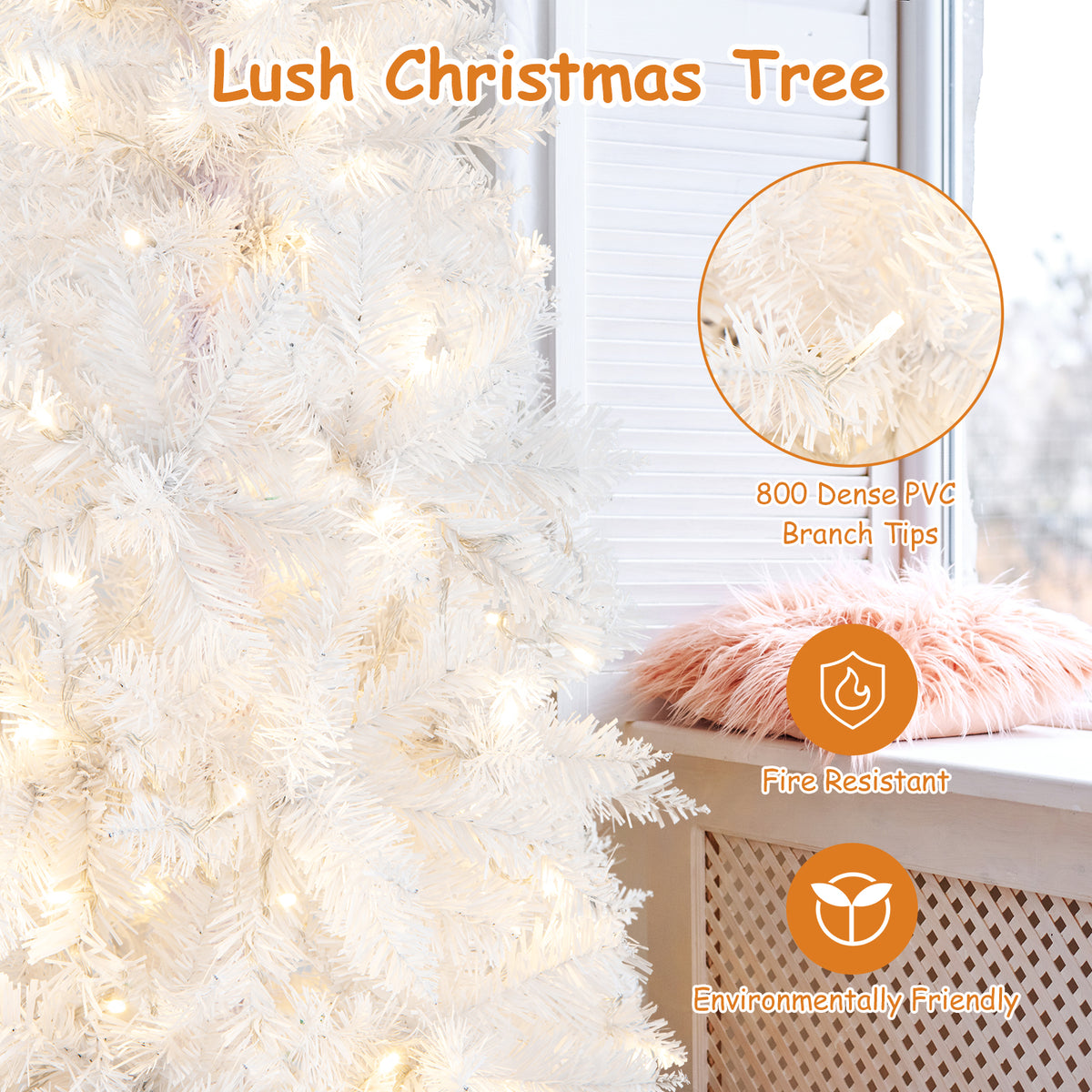 7 FT Christmas Pencil Tree, Hinged Holiday Tree with 300 Warm White LED Lights