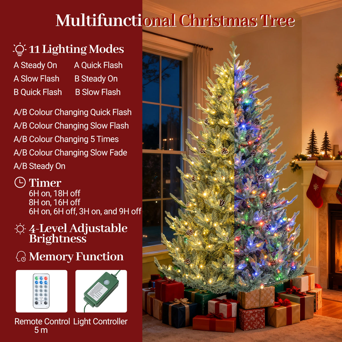 7.5FT Pre-lit Artificial Christmas Tree, Hinged Xmas Tree with 1306 Branch Tips