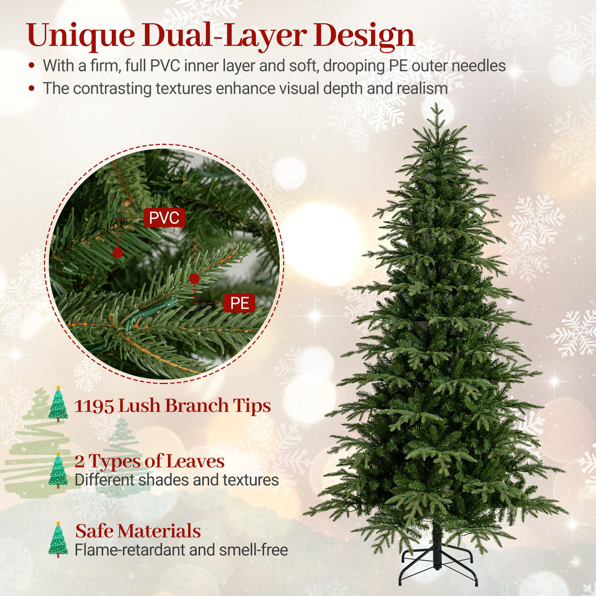 7.5FT Pre-lit Artificial Christmas Tree, Hinged Xmas Tree with 1195 Branch Tips