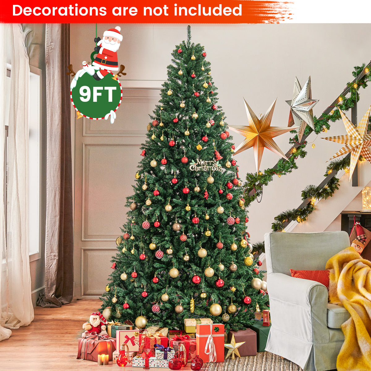 LuckTree Hinged Christmas Tree PVC Artificial Tree Home Holiday Décor w/Metal Stand (7.5 FT)