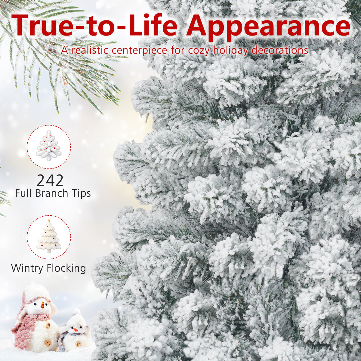 4.5/6/7.5 FT Snow-Flocked Christmas Tree, Artificial Pencil Xmas Tree with 244/502/641 PVC Branch Tips