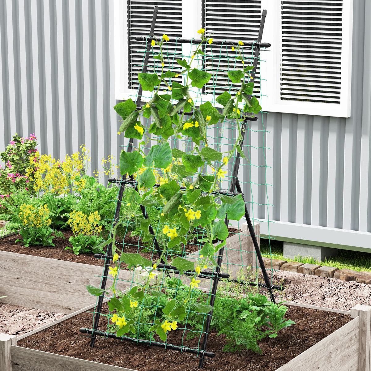 74" Raised Bed Cucumber Trellis, Outdoor Garden Trellis w/Netting, PE-Coated Metal Plant Support for Climbing Vegetables