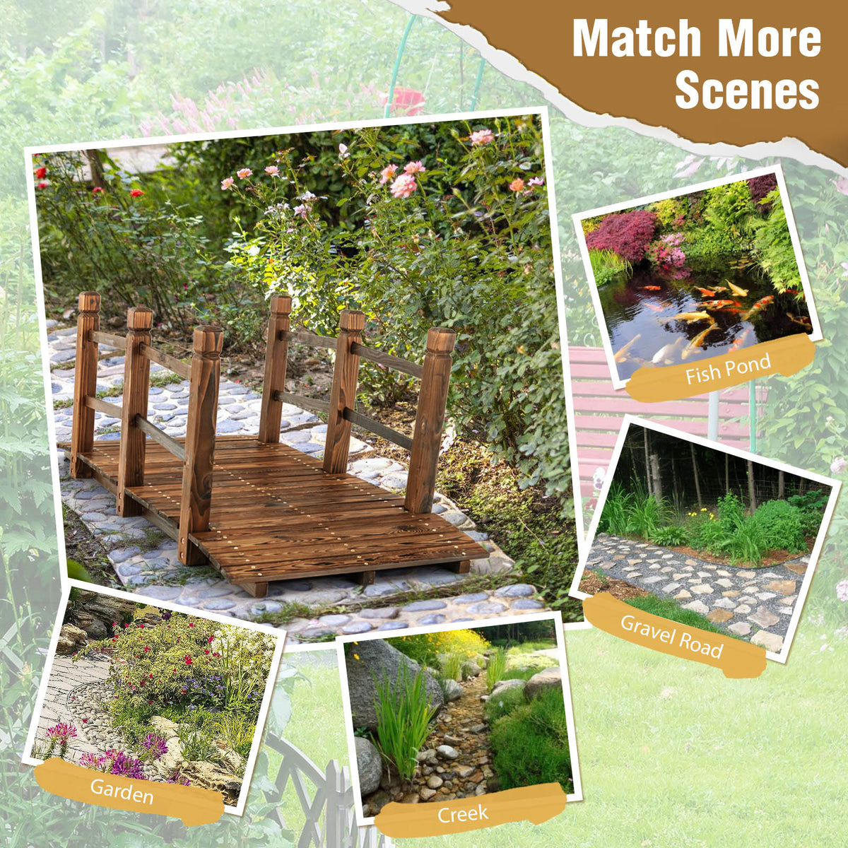 Arched Outdoor Footbridge, 5 FT Fir Wood Garden Crossing with Dual Safety Side Rails