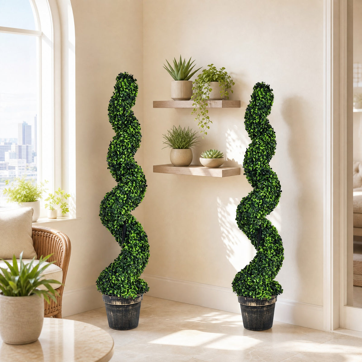 4ft Faux Boxwood Topiary Tree, Spiral Sun-Protected Potted Fake Plant with Cement-Filled Plastic Pot