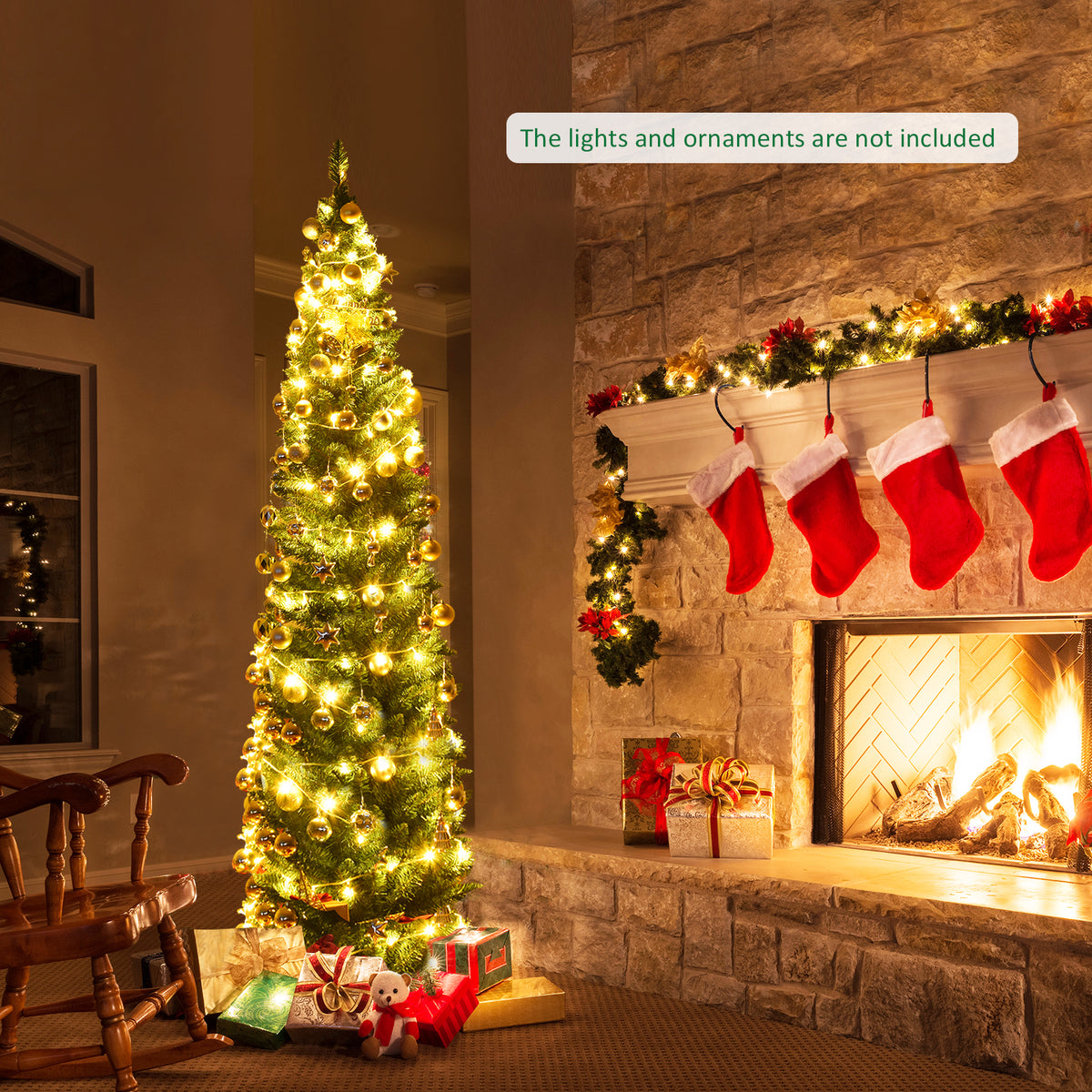 5/6/7/8/9 FT Slim Pencil Artificial Christmas Tree, Unlit Green Xmas Tree with Lush PVC Branch Tips