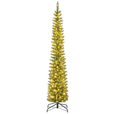 7FT Pre-Lit Pencil Christmas Tree, Slim Artificial Xmas Tree with Folding Metal Stand