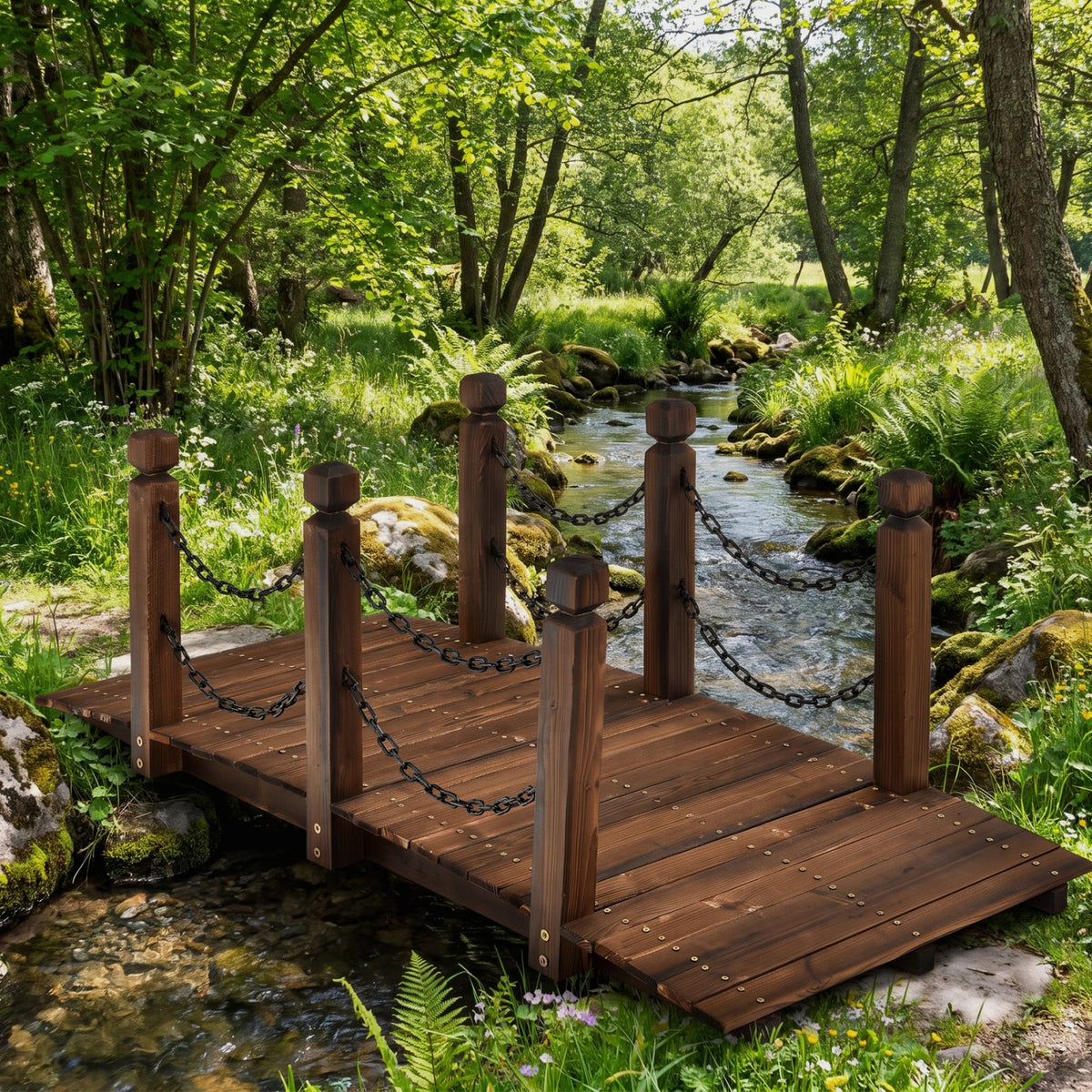 150cm Wooden Bridge, Arc Footbridge w/Safe Chain Railings, Outside Small Arc Pond Bridge