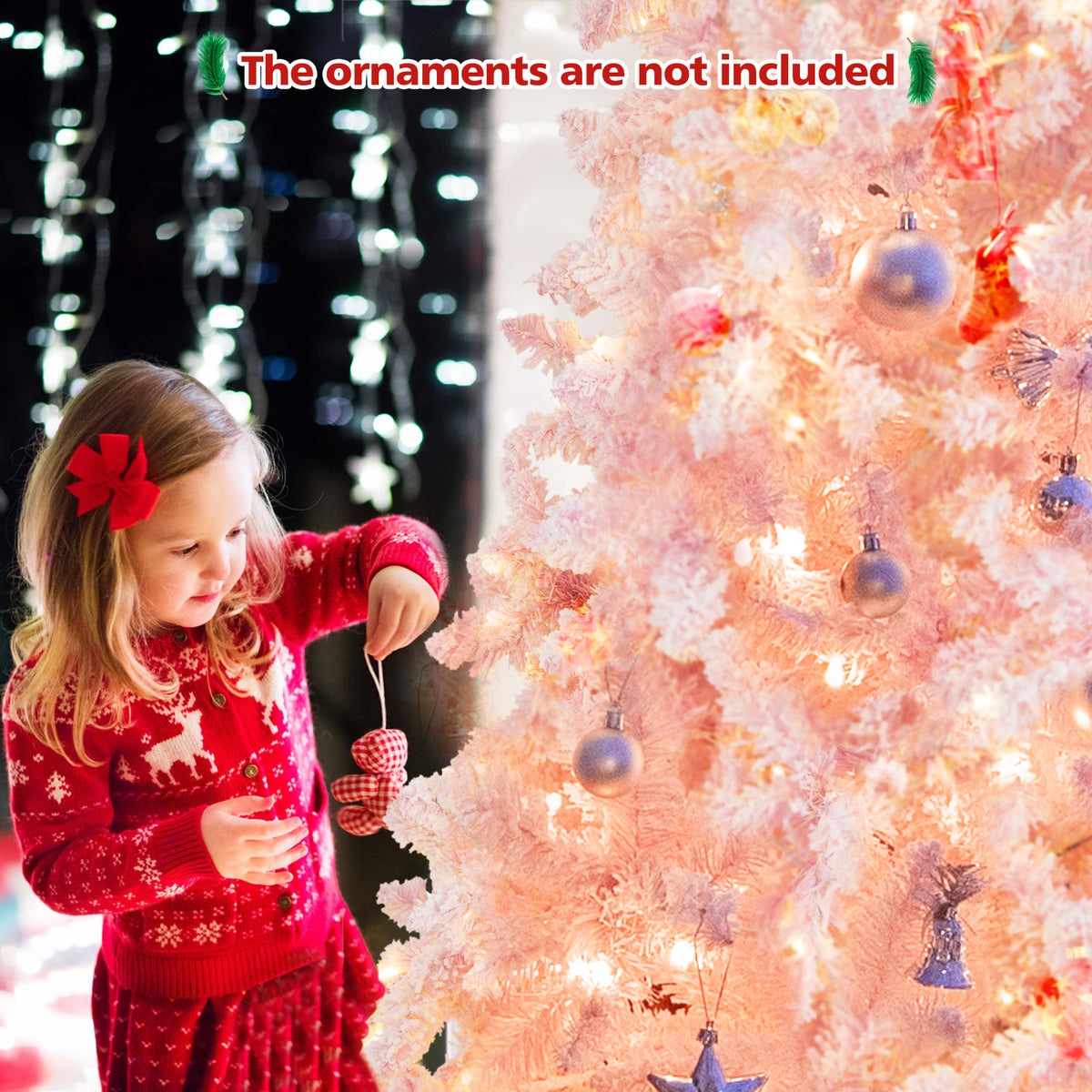 7.5 FT Pre-Lit Artificial Christmas Tree with Snow Flocked Pink Leaves