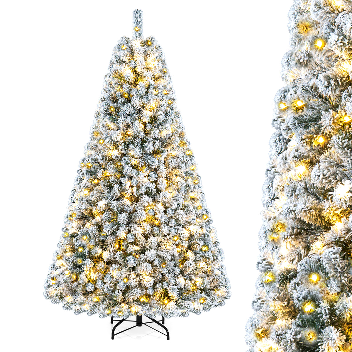7/6/8 FT Snow-Flocked Artificial Christmas Tree, Pre-lit Xmas Tree