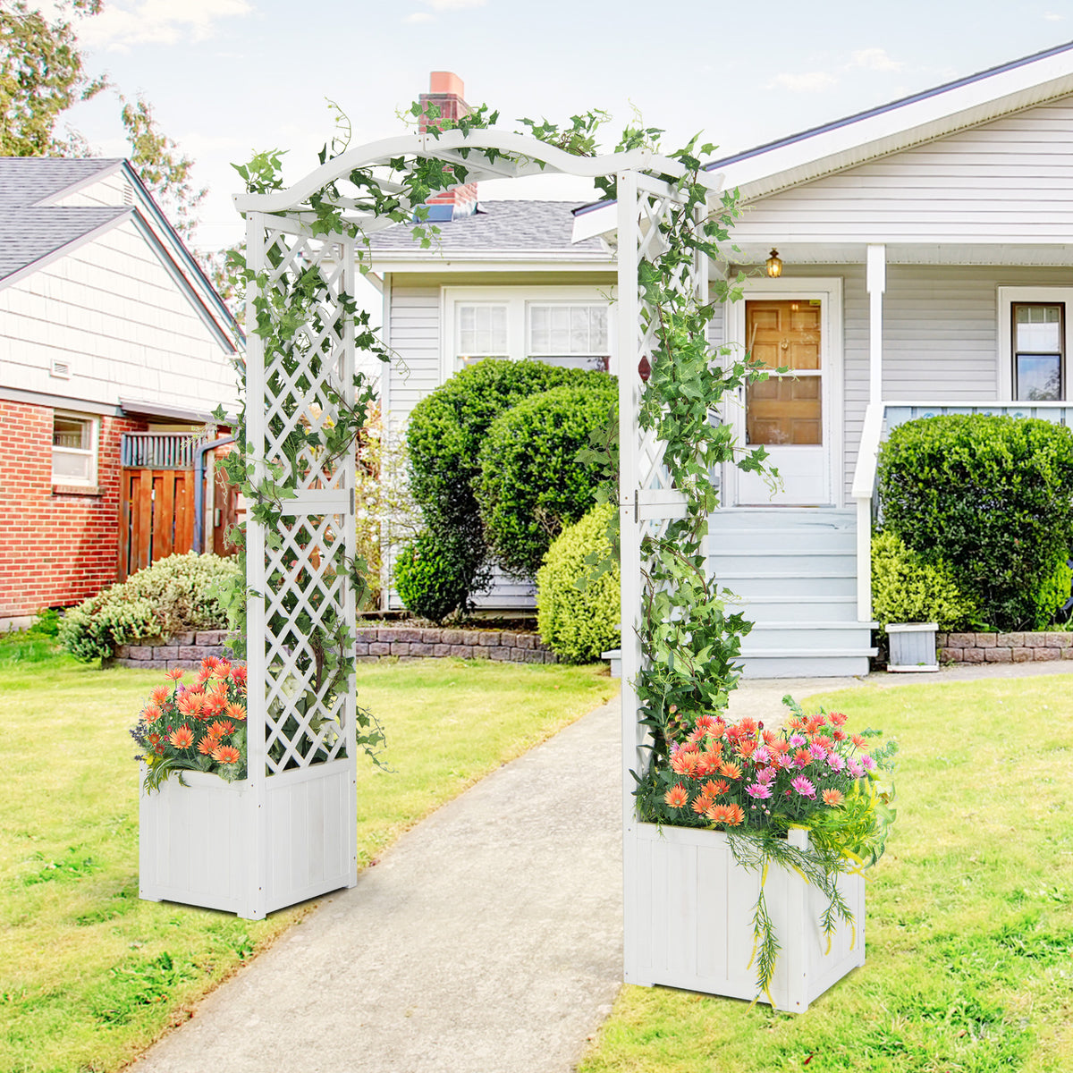 Wooden Garden Arbor with Planter Boxes, White Trellis Archway for Climbing Plants & Decorations