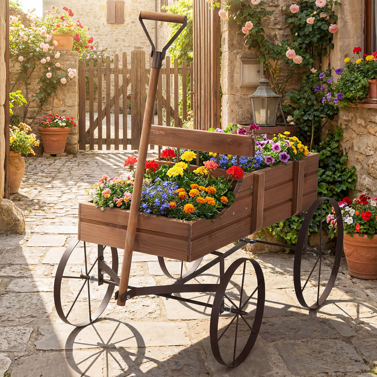 Vintage Wooden Planting Cart, Farmhouse Style Mobile Planter with Adjustable Pull Handle and 4 Wheels
