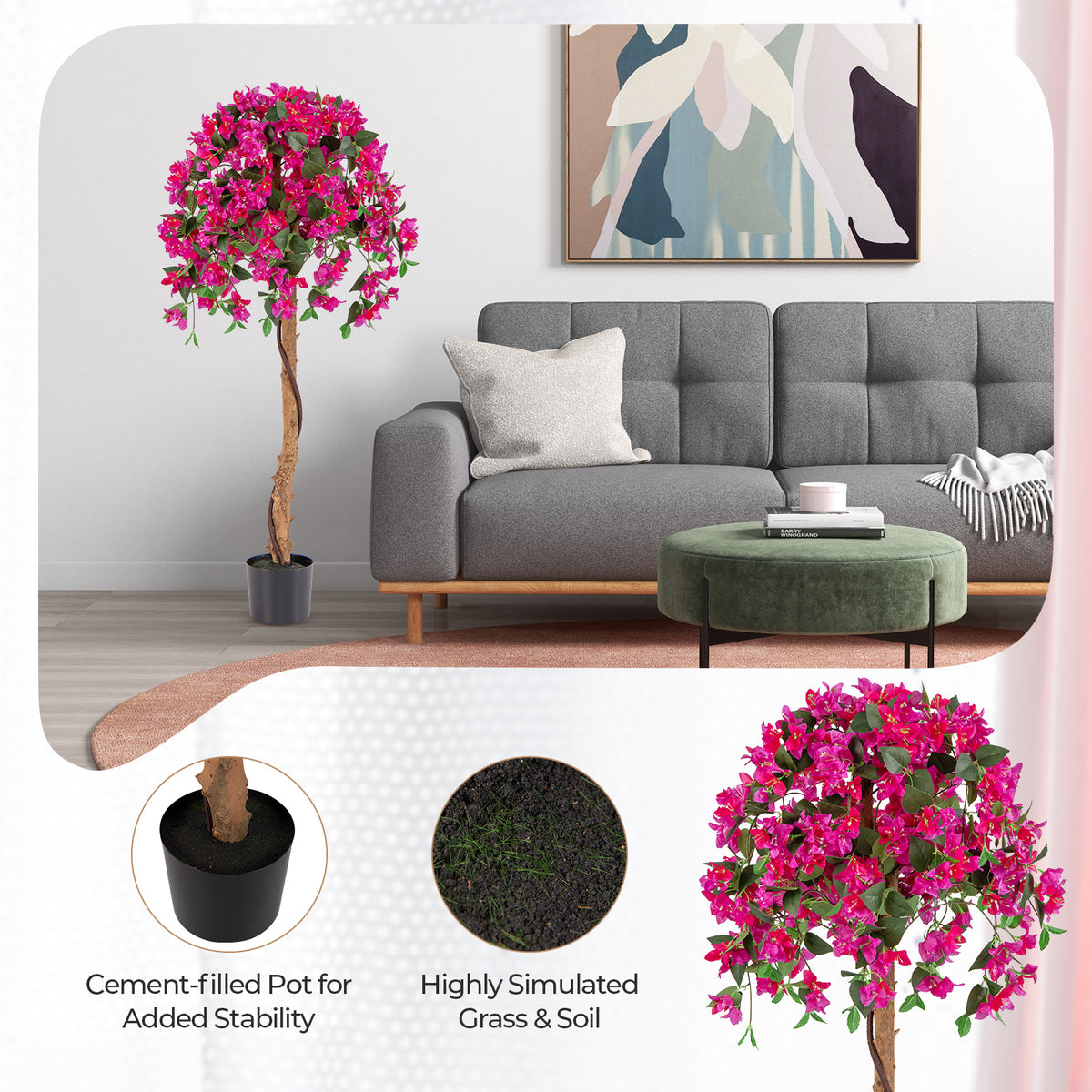 53" Artificial Bougainvillea Tree, Faux Silk Flower Plant in Pot with 576 Flowers & 288 Leaves