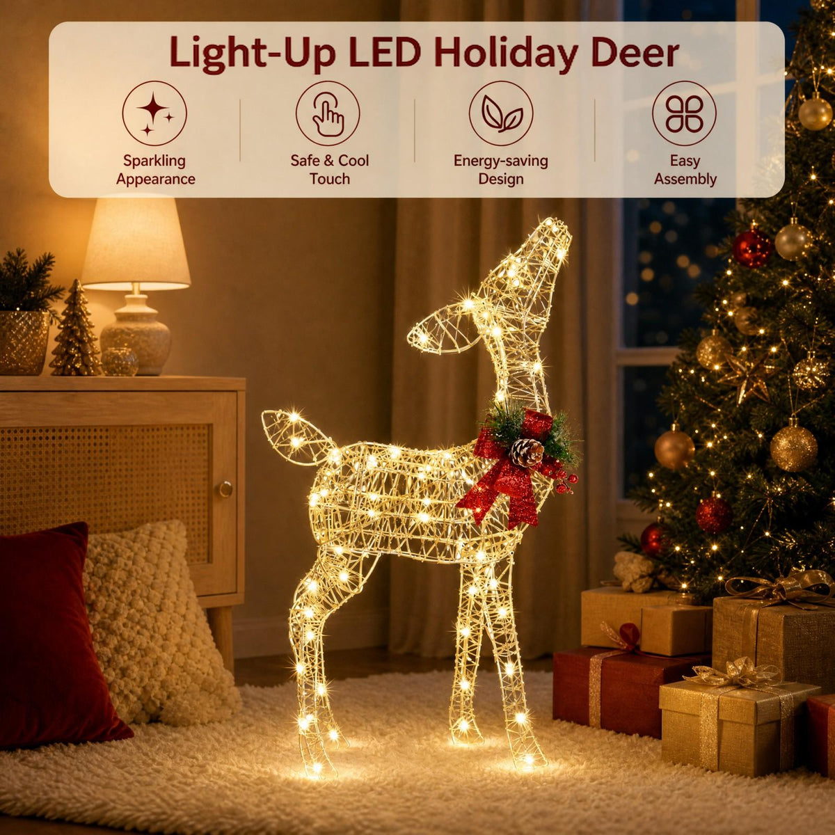 Lighted Christmas Reindeer Decoration, Small Holiday Deer Figure with 50 LED Lights & 4 Stakes