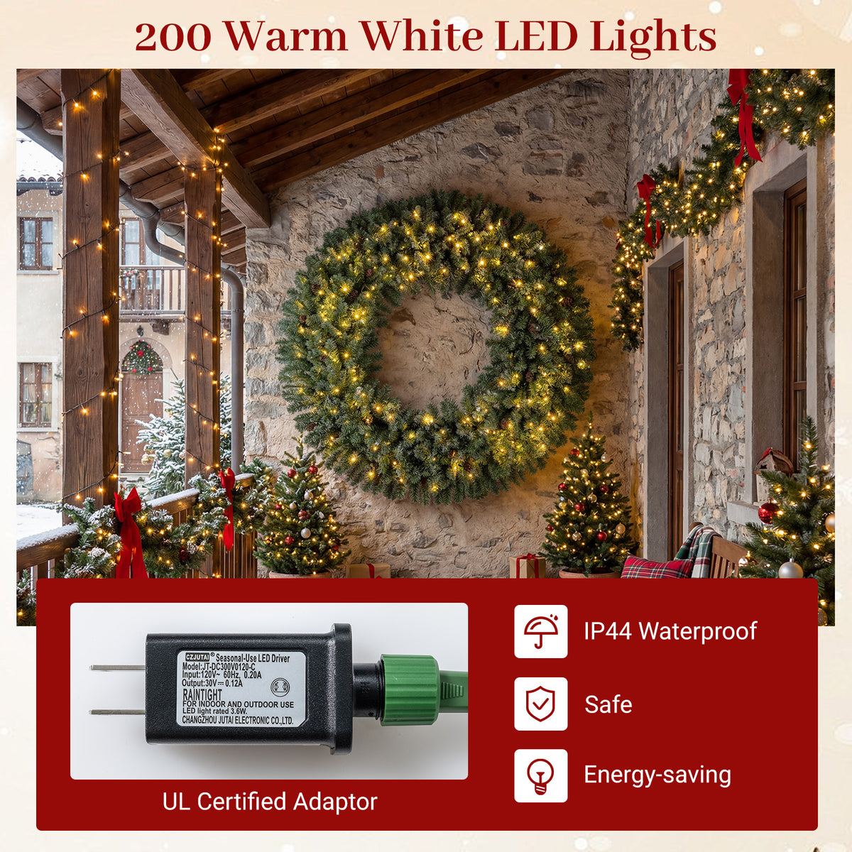 60” Large Pre-lit Christmas Wreath, Artificial Christmas Wreath with 680 Snowy Branch Tips