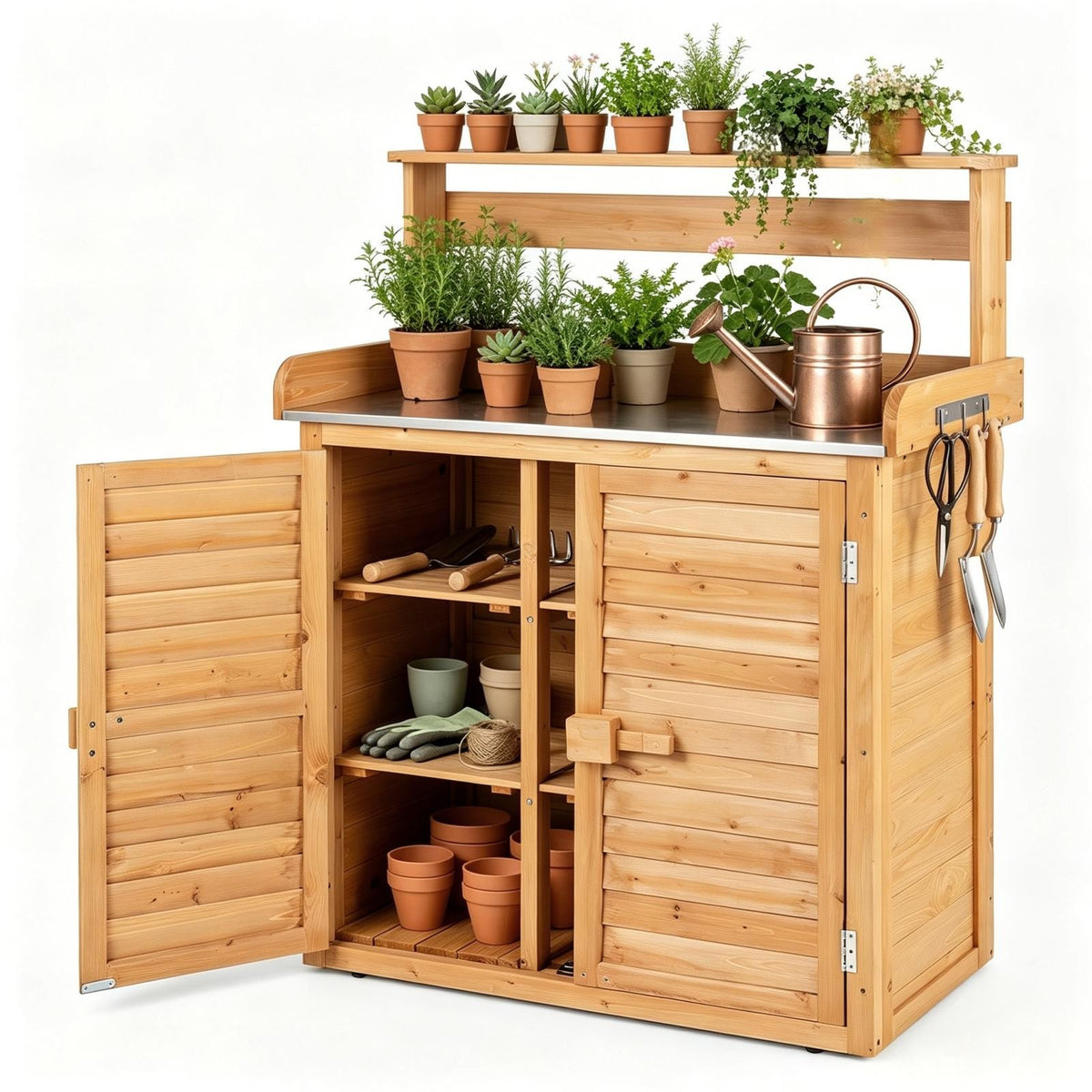 Garden Potting Bench Table, Wood Plant Workstation w/ Stainless Steel Tabletop