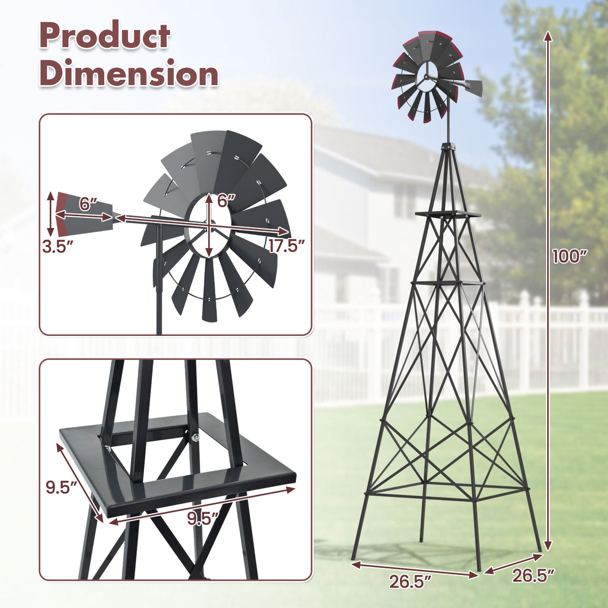 8ft Steel Windmill, Farmhouse Windmill Decoration with Directional Vane