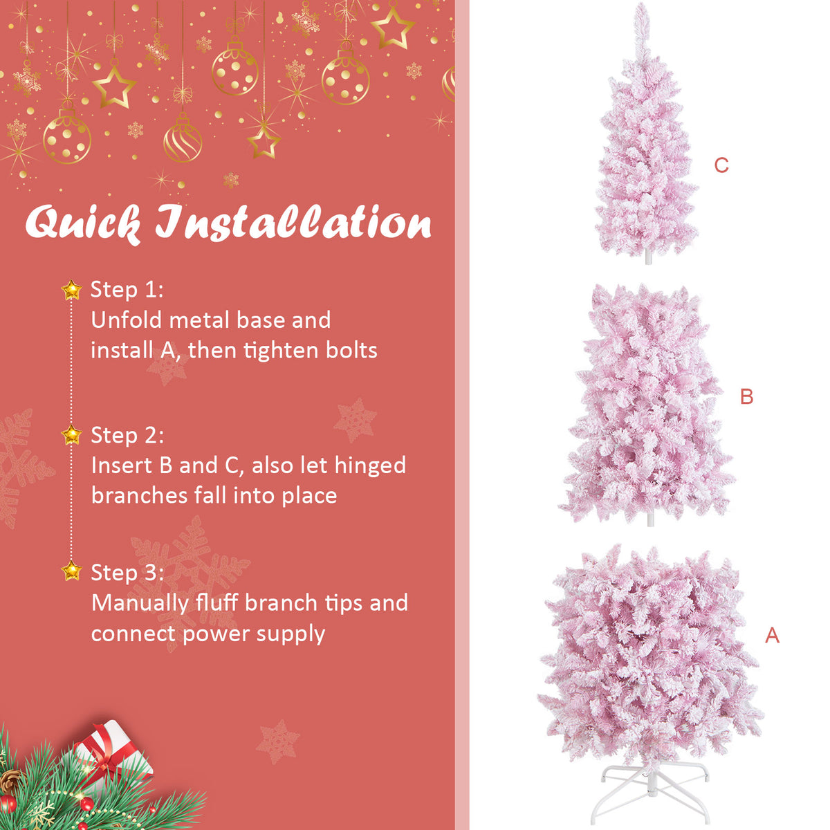 7 FT Slim Pencil Christmas Tree, Hinged Xmas Tree with Flocked Design, 800 PVC Branch Tips