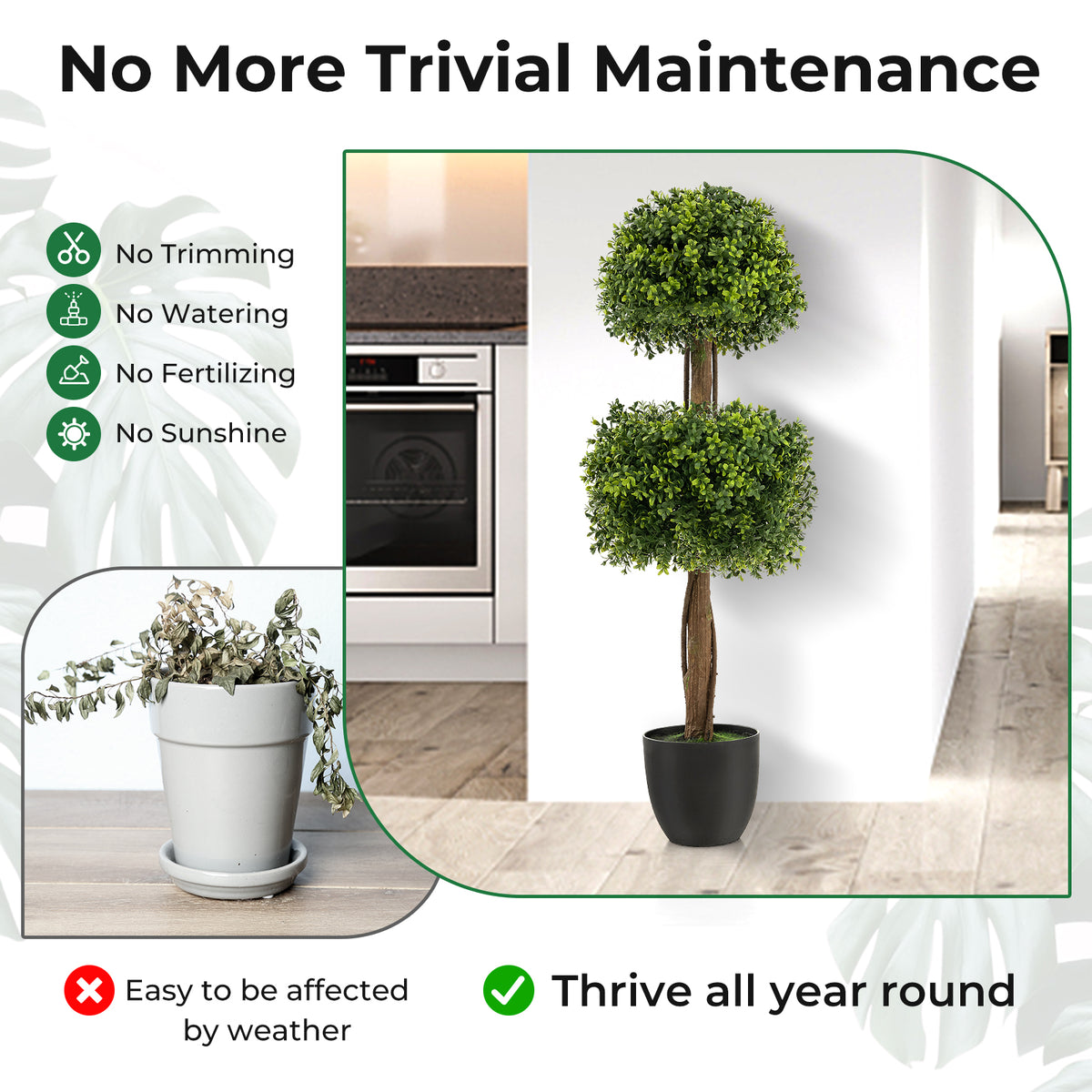 40" Artificial Boxwood Topiary Ball Tree, Double Ball Boxwood Plant with Cement-Filled Plastic Pot