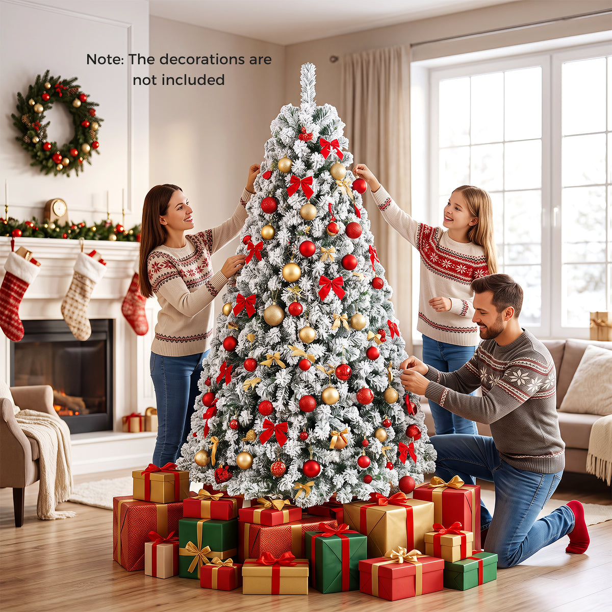 7/6/8 FT Snow-Flocked Artificial Christmas Tree, Pre-lit Xmas Tree