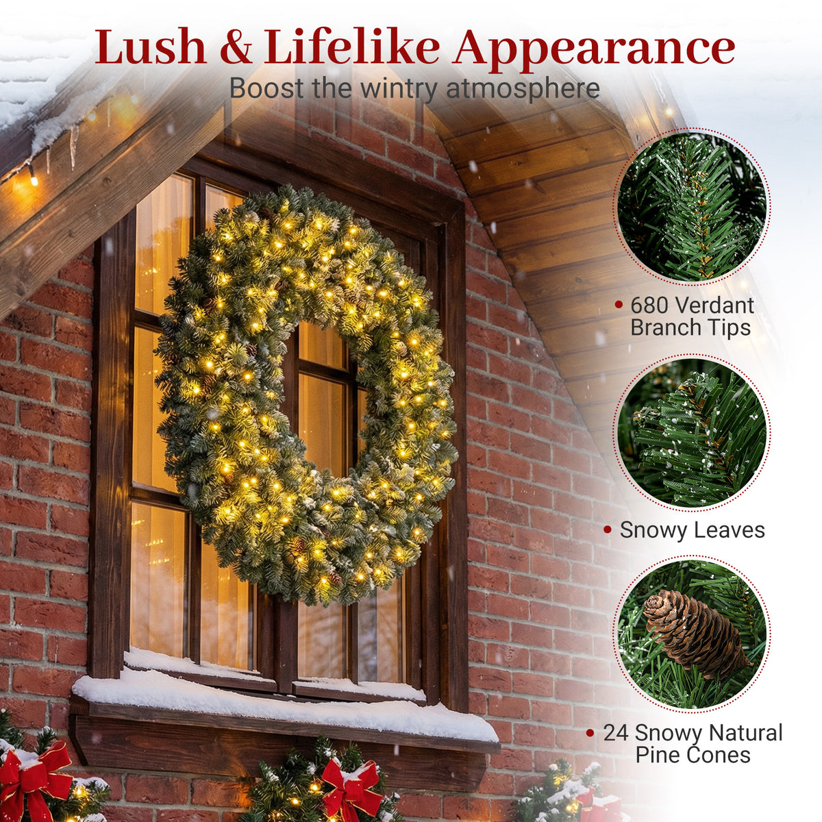 60” Large Pre-lit Christmas Wreath, Artificial Christmas Wreath with 680 Snowy Branch Tips