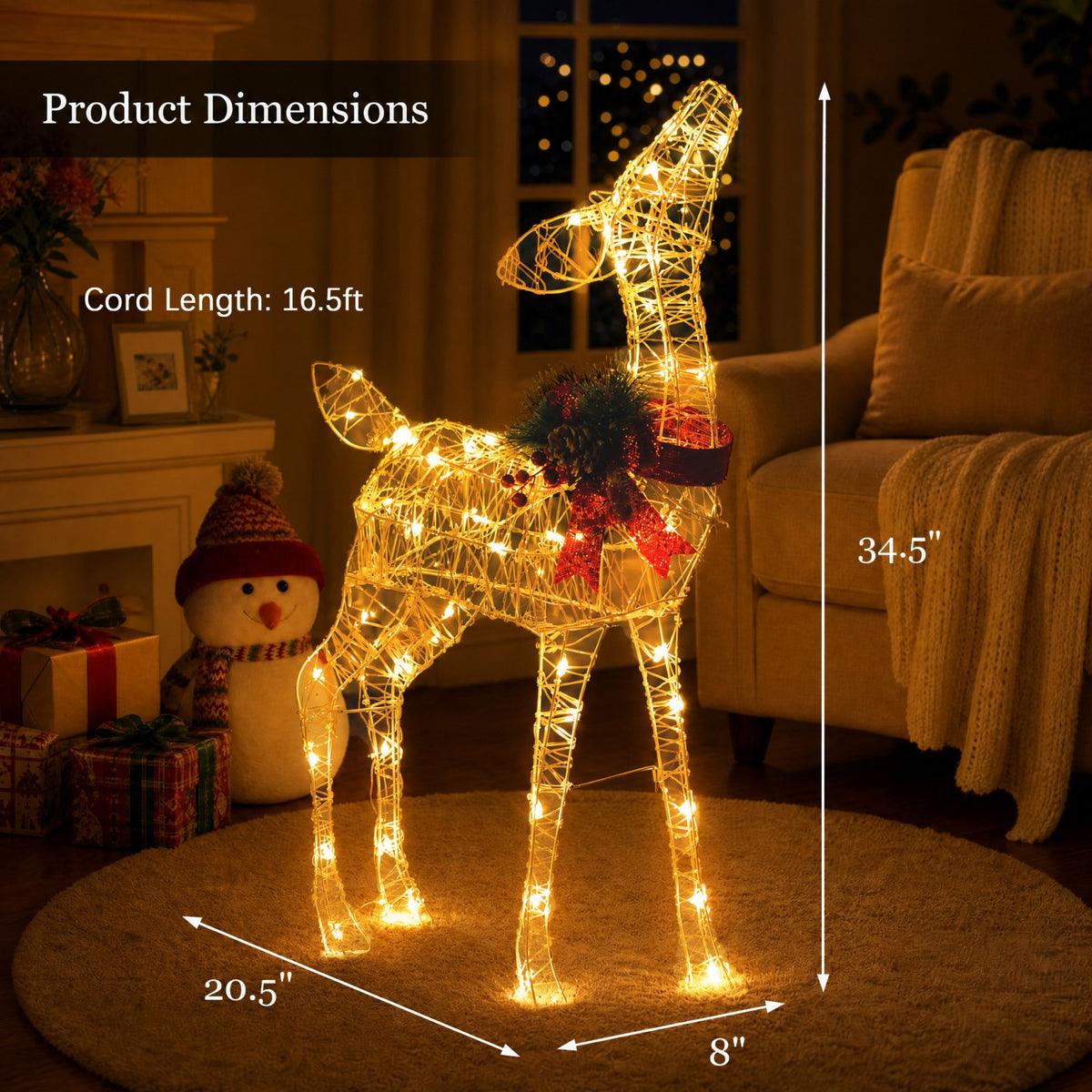 Lighted Christmas Reindeer Decoration, Small Holiday Deer Figure with 50 LED Lights & 4 Stakes