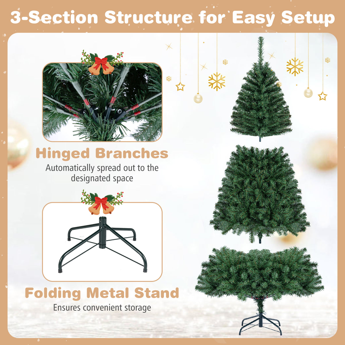 180 CM Artificial Christmas Tree, Hinged, Unlit, Green