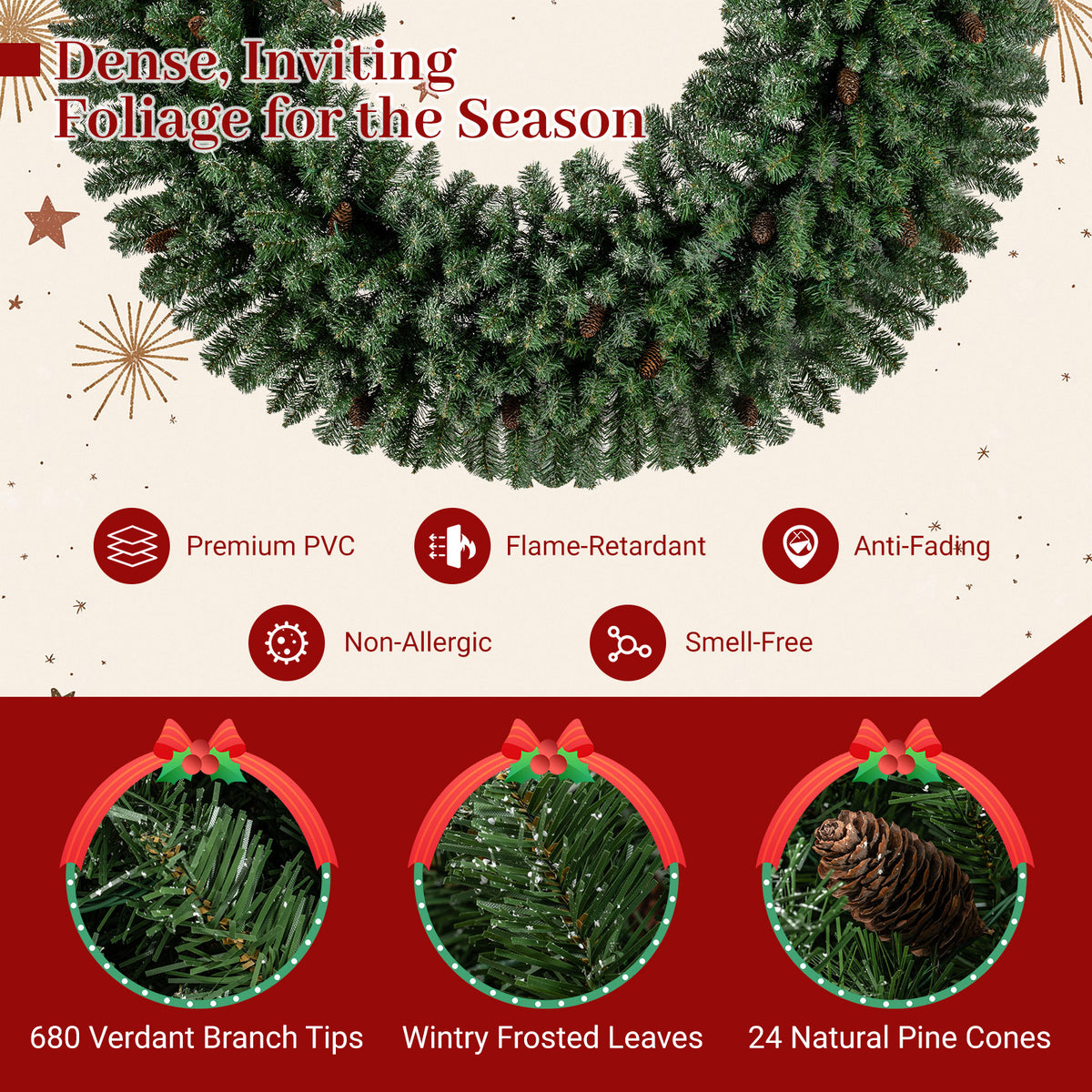 60” Large Pre-lit Christmas Wreath, Artificial Christmas Wreath with 680 Snowy Branch Tips