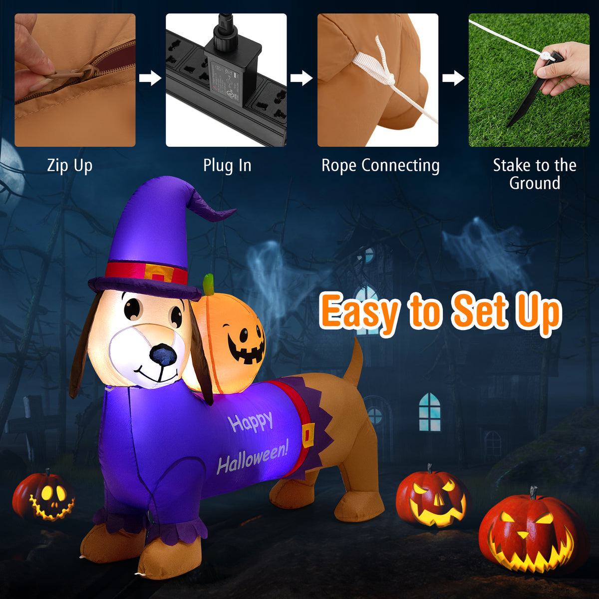 5FT Long Halloween Inflatable Dachshund, Blow Up Wiener Dog with Pumpkin & Witch Hat
