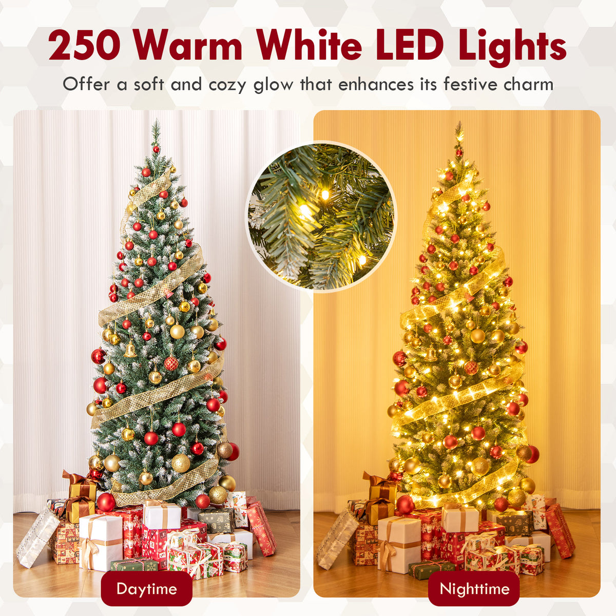 6FT/9FT Pre-Lit Pencil Christmas Tree, Snowy Artificial Christmas Tree with 1298 Branch Tips & 500 LED Lights