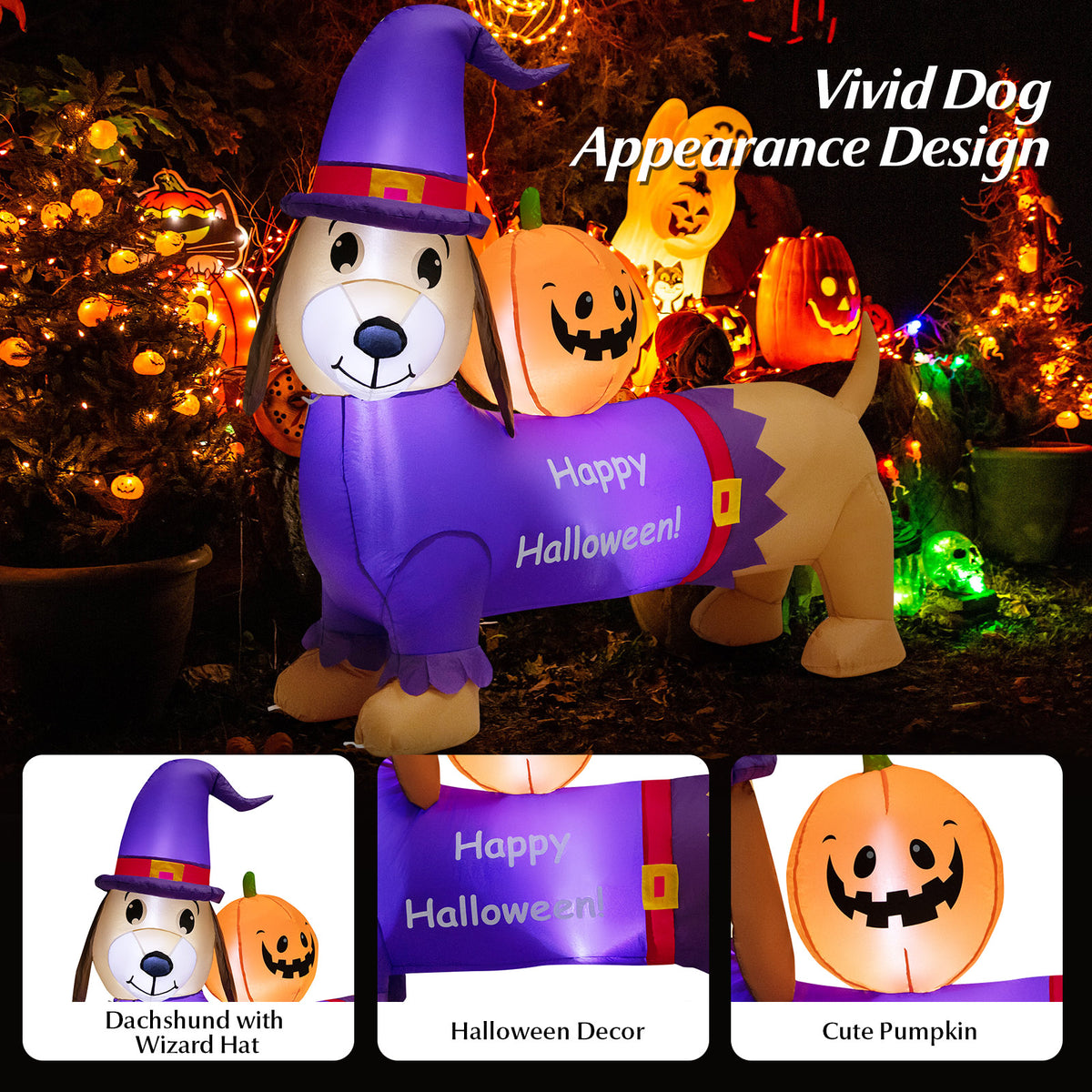 5FT Long Halloween Inflatable Dachshund, Blow Up Wiener Dog with Pumpkin & Witch Hat