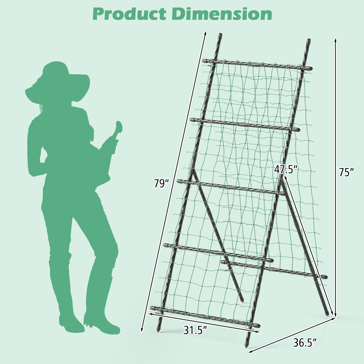 74" Raised Bed Cucumber Trellis, Outdoor Garden Trellis w/Netting, PE-Coated Metal Plant Support for Climbing Vegetables