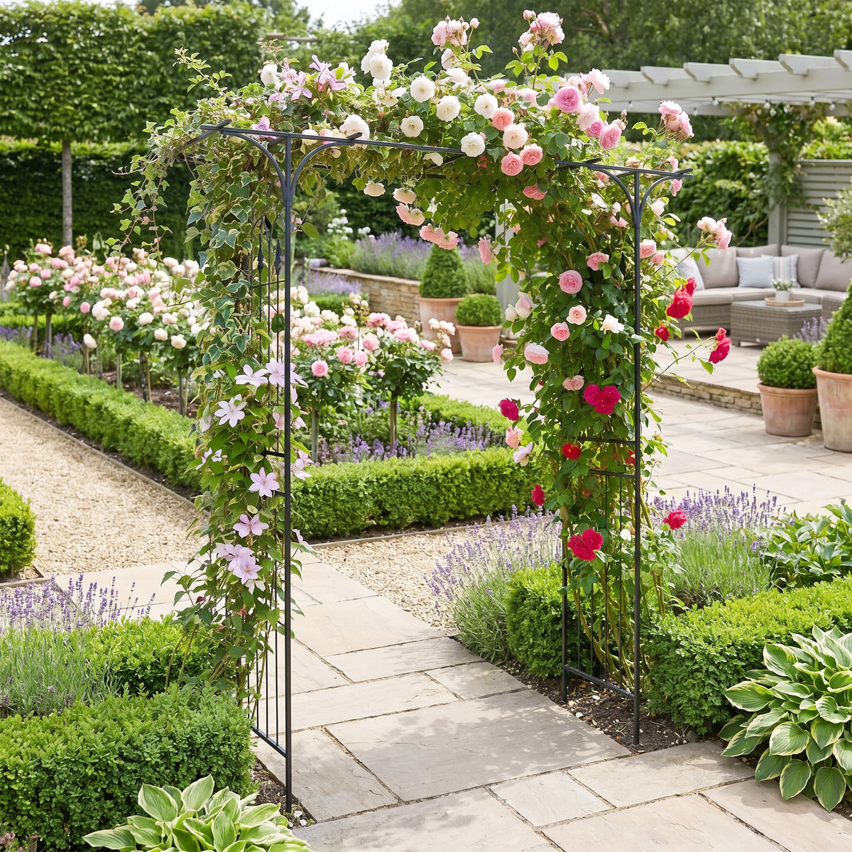<p>Garden Arbor, 215cm Arch Trellis w/Extended Roof for Climbing Plants Roses Vines