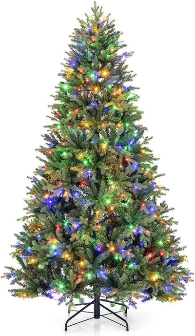 5/6/7 FT Pre-Lit Christmas Tree, Lighted Hinged Xmas Tree w/ 250/350/470 Warm White & Multi-Color LED Lights